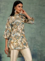 Beige Printed Silk Blend A-Line Kurti - Image 3