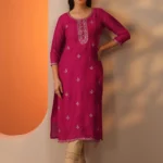 Pink Embroidered Silk Blend Straight Kurta