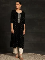 Black Yoke Design Cotton Straight Kurta - Image 4
