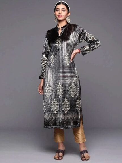 Grey Printed Velvet Straight Kurta