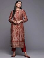 Rust Printed Velvet Straight Kurta
